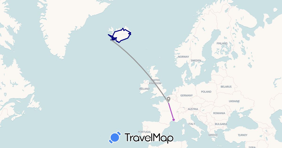 TravelMap itinerary: driving, plane, train in France, Iceland (Europe)